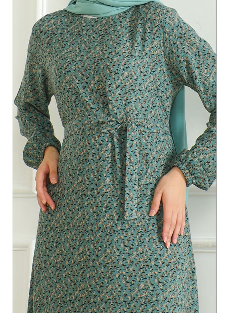Sefa Merve Women's Patterned Belted Viscose Dress - Almond Green - Image 4